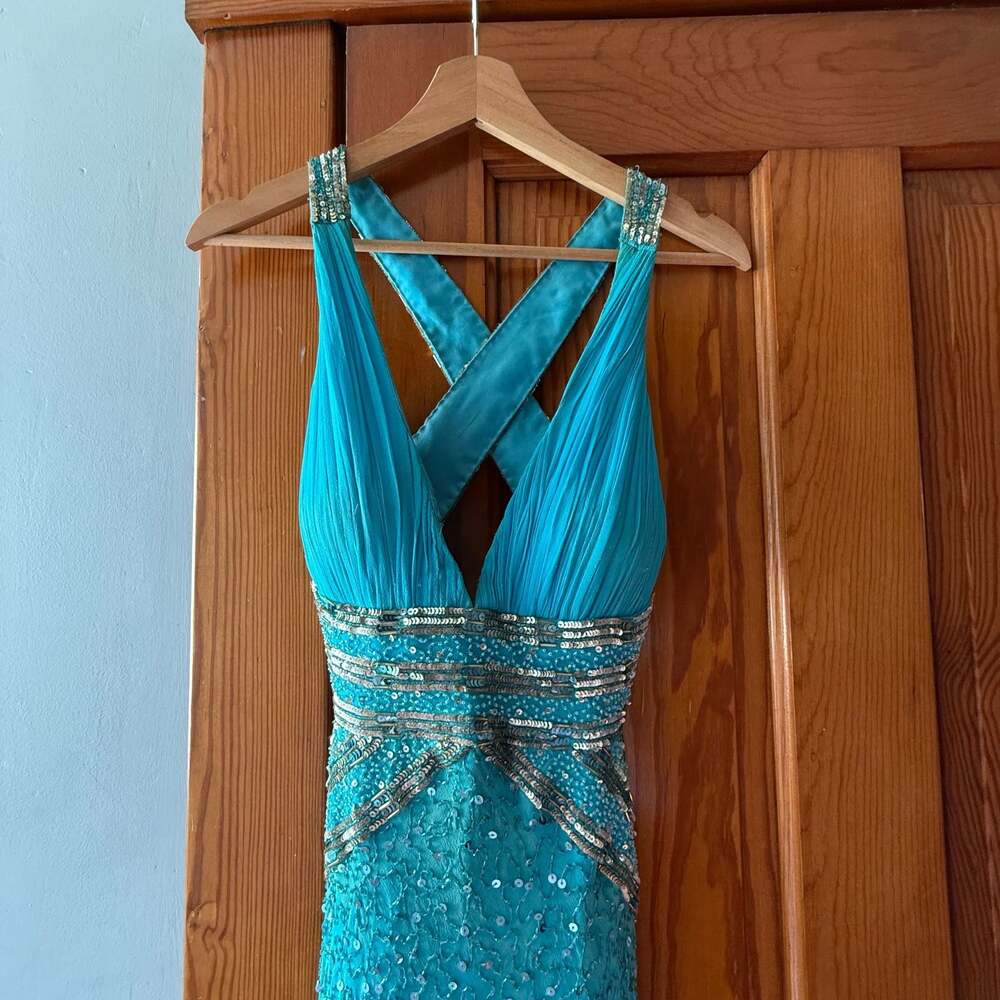 David's Bridal Vintage Turquoise 100% Silk Beaded & Sequined Cross-Back Evening